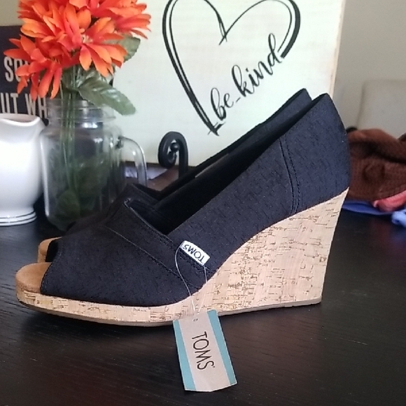Toms Shoes - TOMS Black Wedge Peep-Toe Shoes NWT Size 8.5